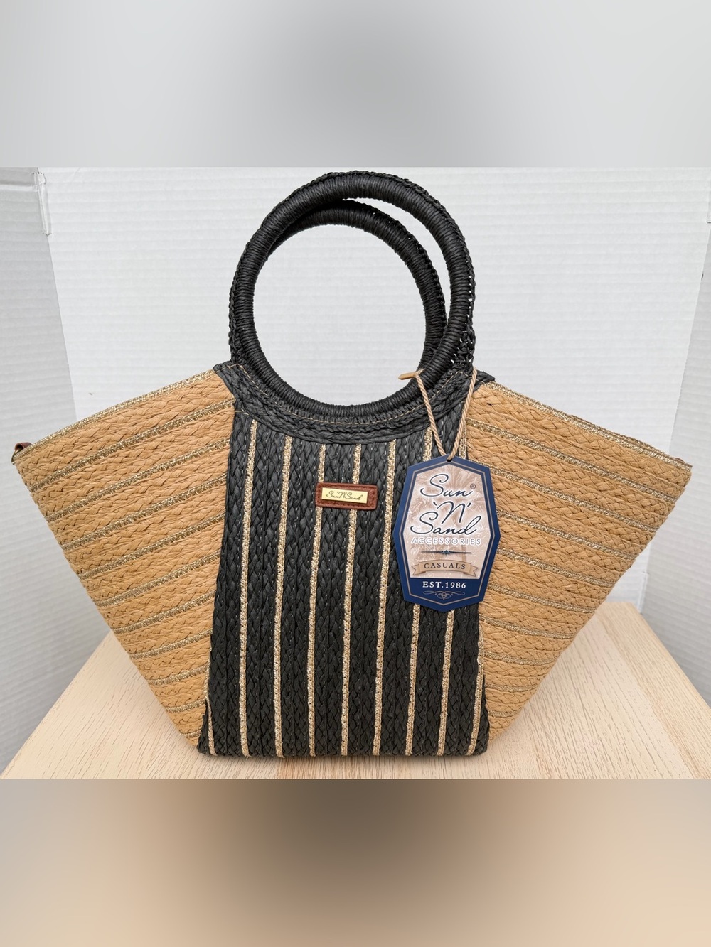 Sun N’ Sand Straw Shoulder Tote Bag Tan Black Gold NWT